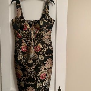 Lavish Alice Baroque Brocade Lace Trim Corseted Midi Dress